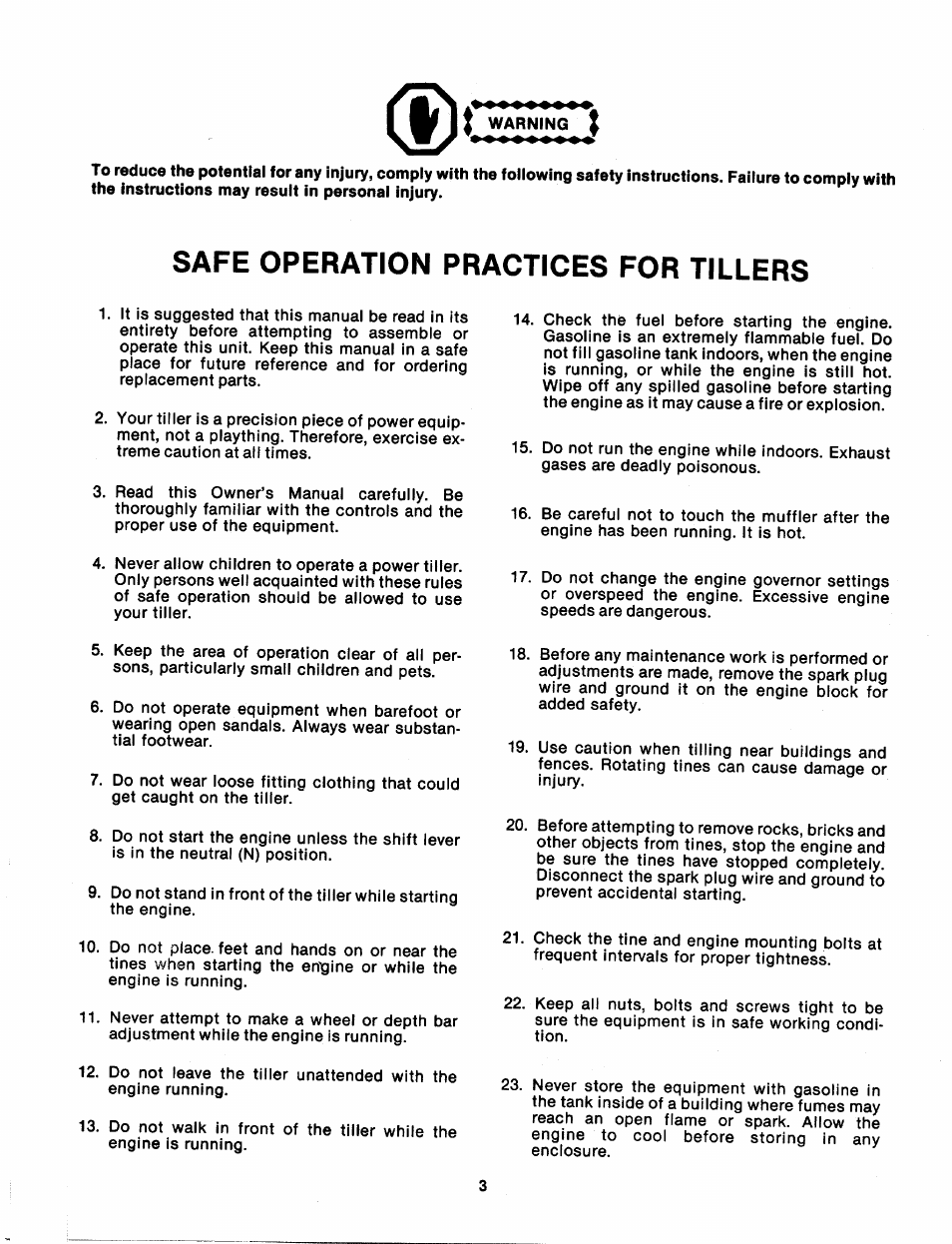 Safe operation practices for tillers | MTD 214-031-000 User Manual | Page 3 / 16