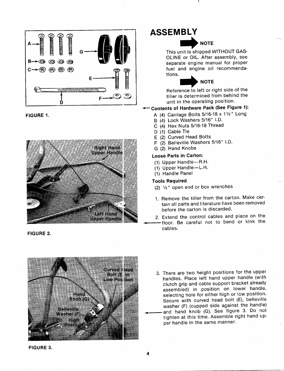 Assembly, Right hand upper handle, Left hand | Note, Washer (f) | MTD 214-031-000 User Manual | Page 4 / 16