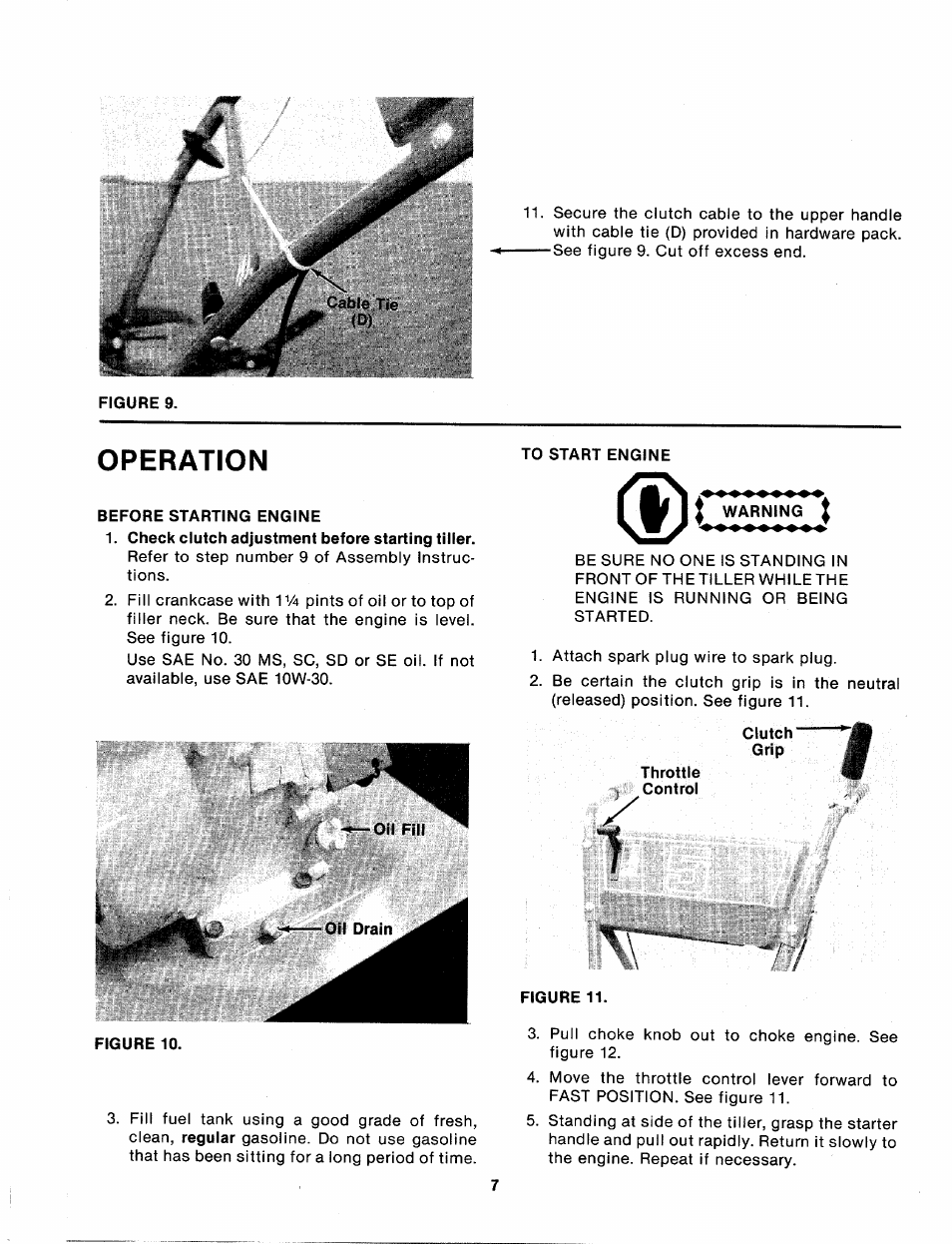 Operation, Before starting engine, Check clutch adjustment before starting tiller | Warning, Clutch, Throttle, Figure 10, Figure 11 | MTD 214-031-000 User Manual | Page 7 / 16