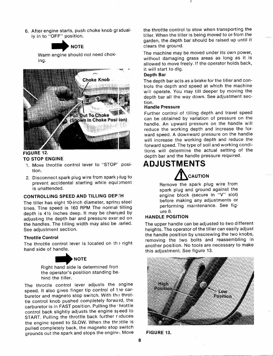 Note, Controlling speed and tilling depth, Throttle control | Adjustments, Caution, Handle position, Piih | MTD 214-031-000 User Manual | Page 8 / 16