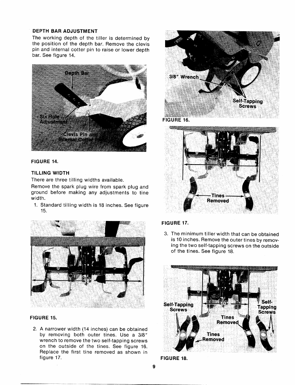 Depth bar adjustment, Clevis pin a internal cl, Figure 14 | Tilling width | MTD 214-031-000 User Manual | Page 9 / 16