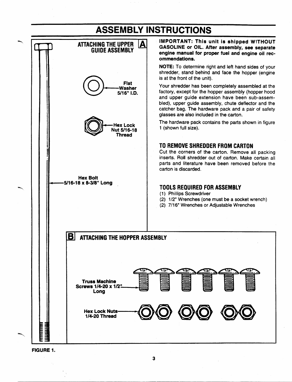 Assembly instructions, Ahachingthe upper guide assembly, To remove shredder from carton | Tools required for assembly, Ahaching the hopper assembly | MTD 243-645C000 User Manual | Page 3 / 12