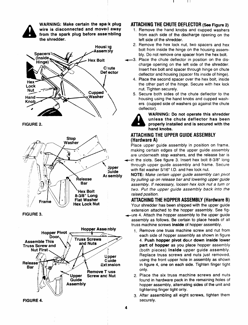 Ahaching the chute deflector (see figure 2), Ahaching the upper guide assembly (hardware a), Ahaching the hopper assembly (hardware b) | MTD 243-645C000 User Manual | Page 4 / 12