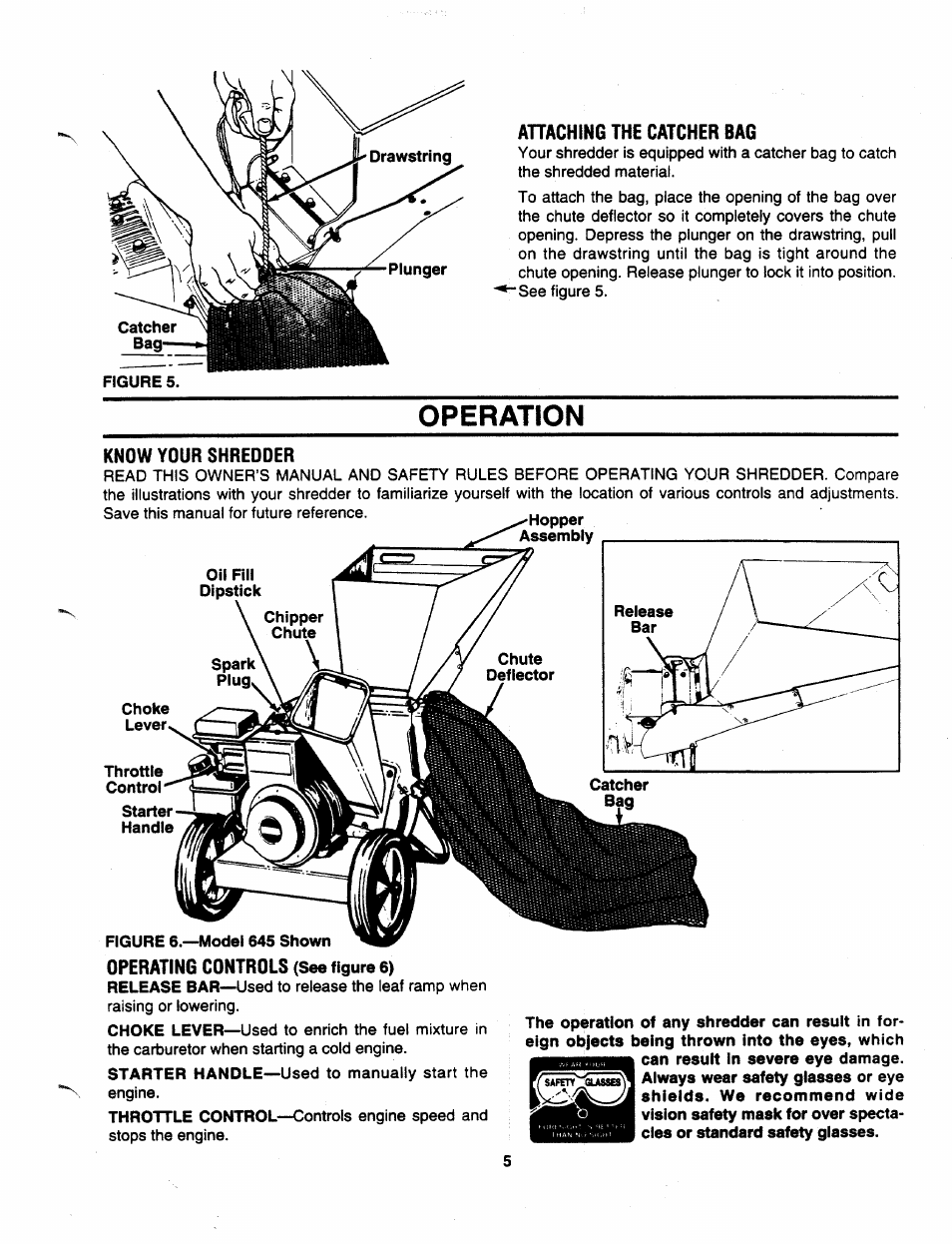 Ahaching the catcher bag, Operation, Operating controls (see figure 6) | MTD 243-645C000 User Manual | Page 5 / 12