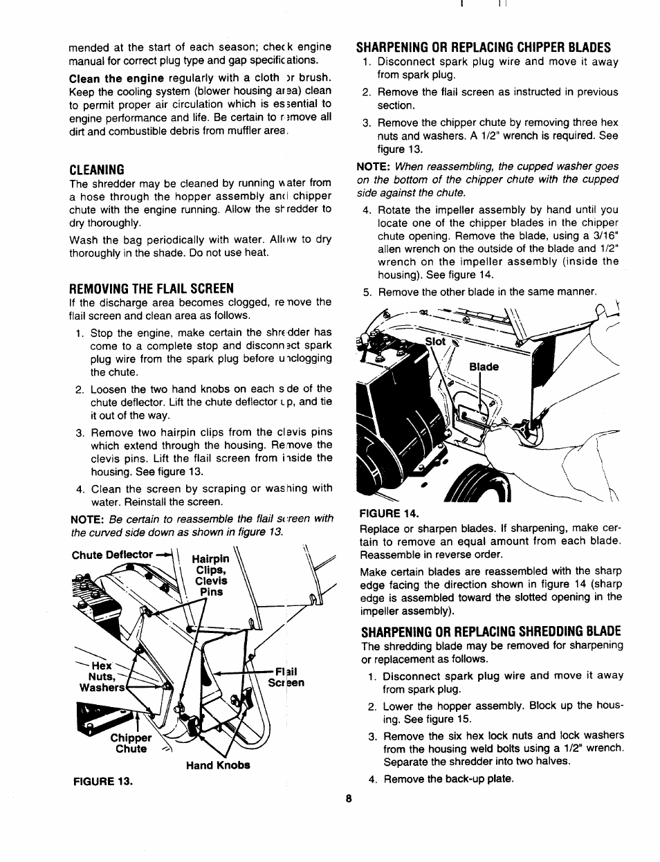 Cleaning, Removing the flail screen, Sharpening or replacing chipper blades | Sharpening or replacing shredding blade | MTD 243-645C000 User Manual | Page 8 / 12