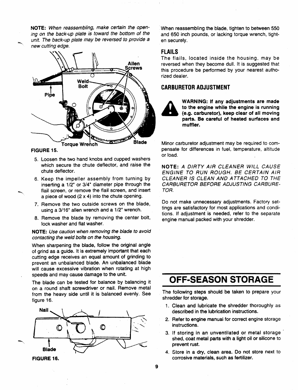 Flails, Carburetor adjustment, Off-season storage | MTD 243-645C000 User Manual | Page 9 / 12