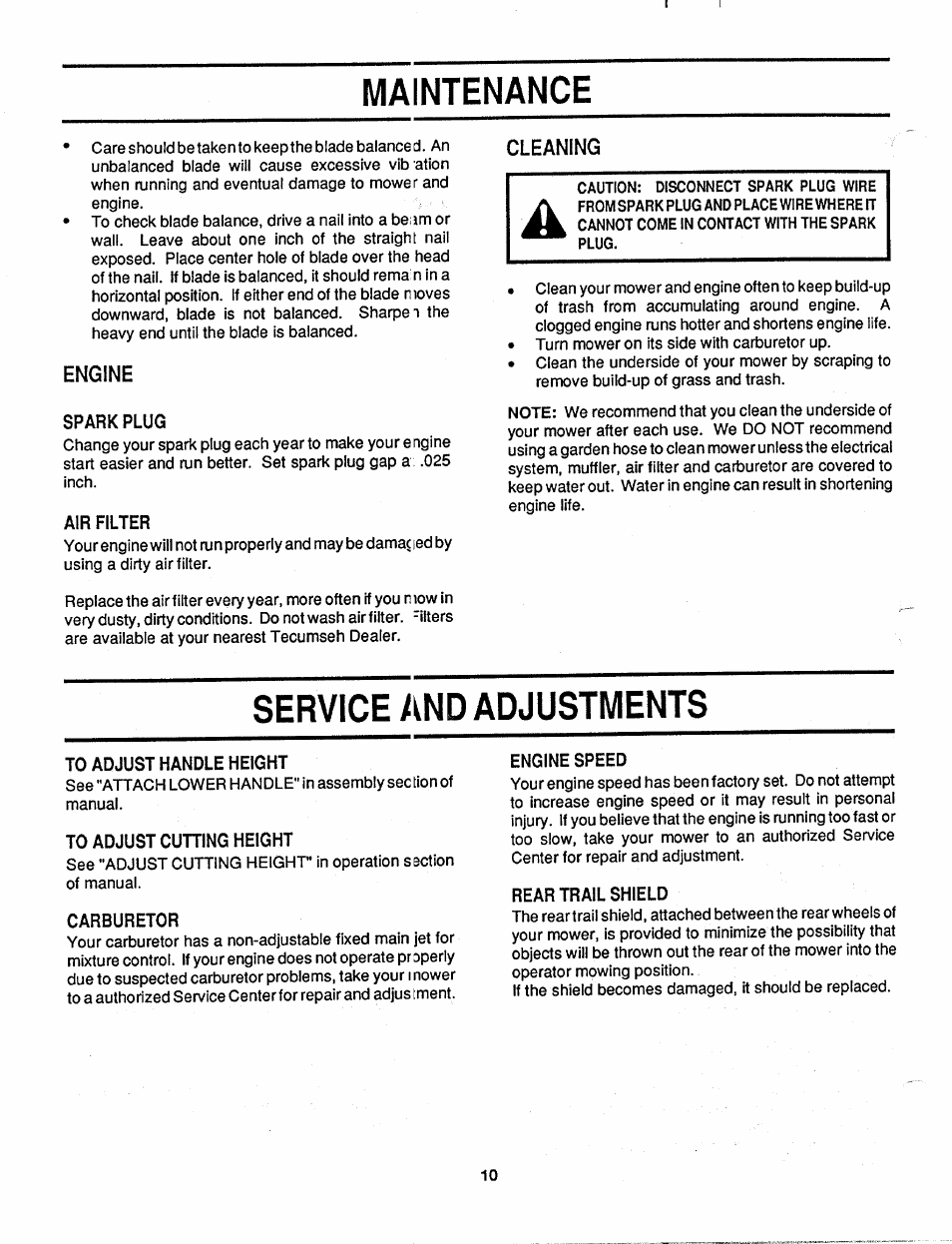 Engine, Spark plug, Air filter | Cleaning, Service and adjustments, To adjust handle height, To adjust cuning height, Carburetor, Engine speed, Rear trail shield | MTD 110-017R000 User Manual | Page 10 / 16