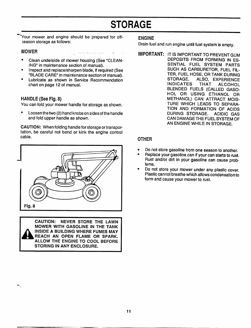 Storage, Mower, Handle (see fig. 8) | Engine, Other | MTD 110-017R000 User Manual | Page 11 / 16