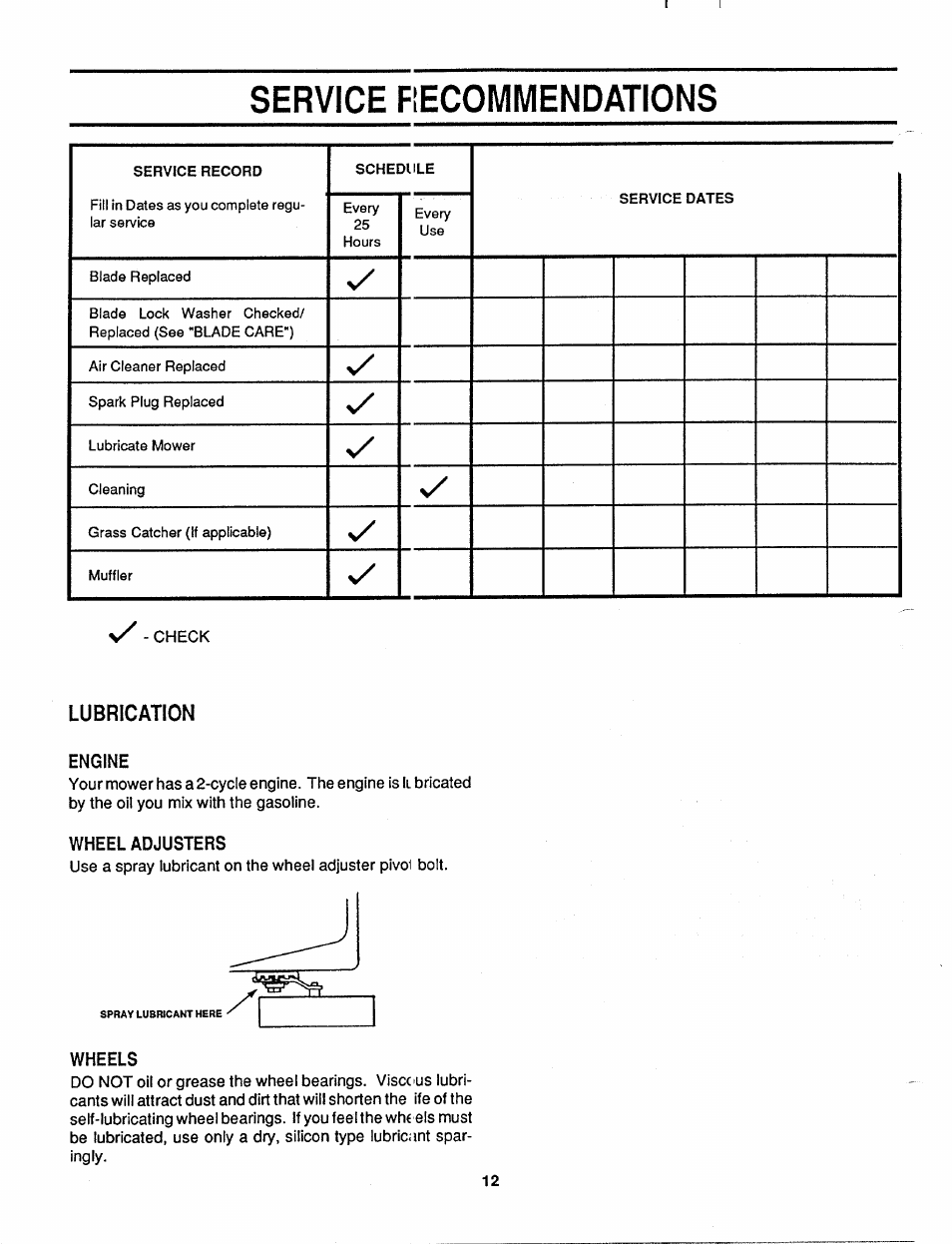 Service fiecommendations, Lubrication, Engine | Wheel adjusters, Wheels, Service recommendations | MTD 110-017R000 User Manual | Page 12 / 16