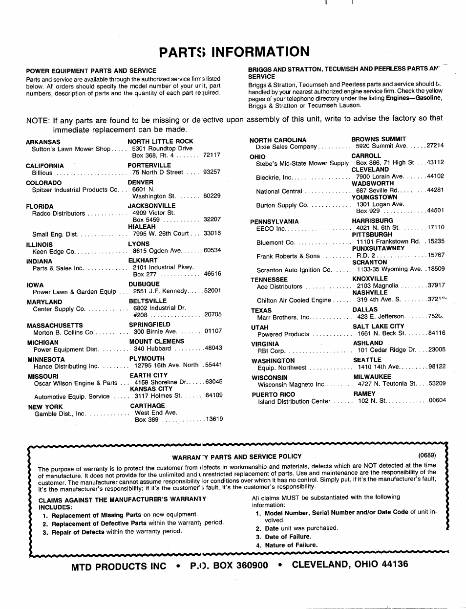 Parts information | MTD 110-017R000 User Manual | Page 16 / 16