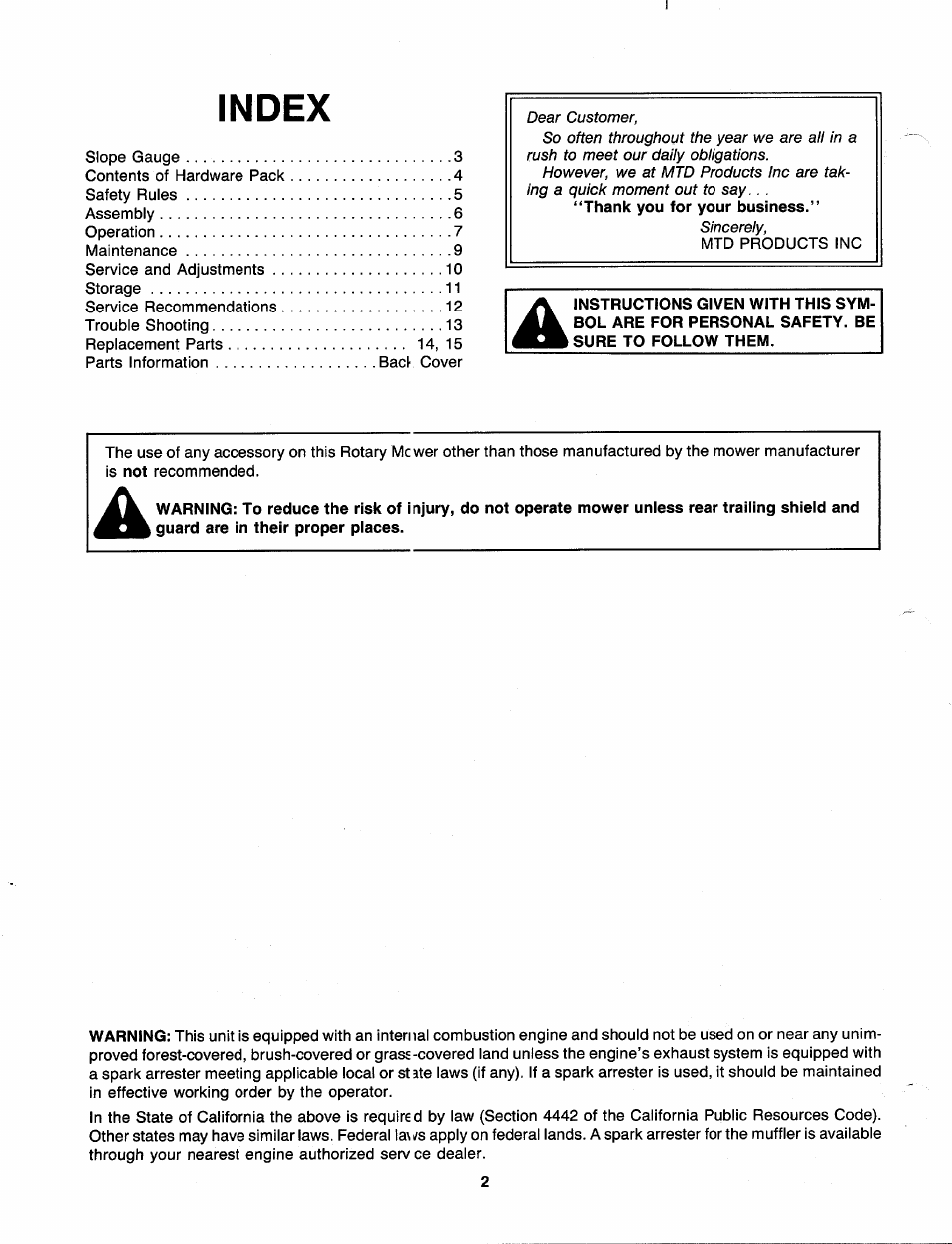 Index | MTD 110-017R000 User Manual | Page 2 / 16