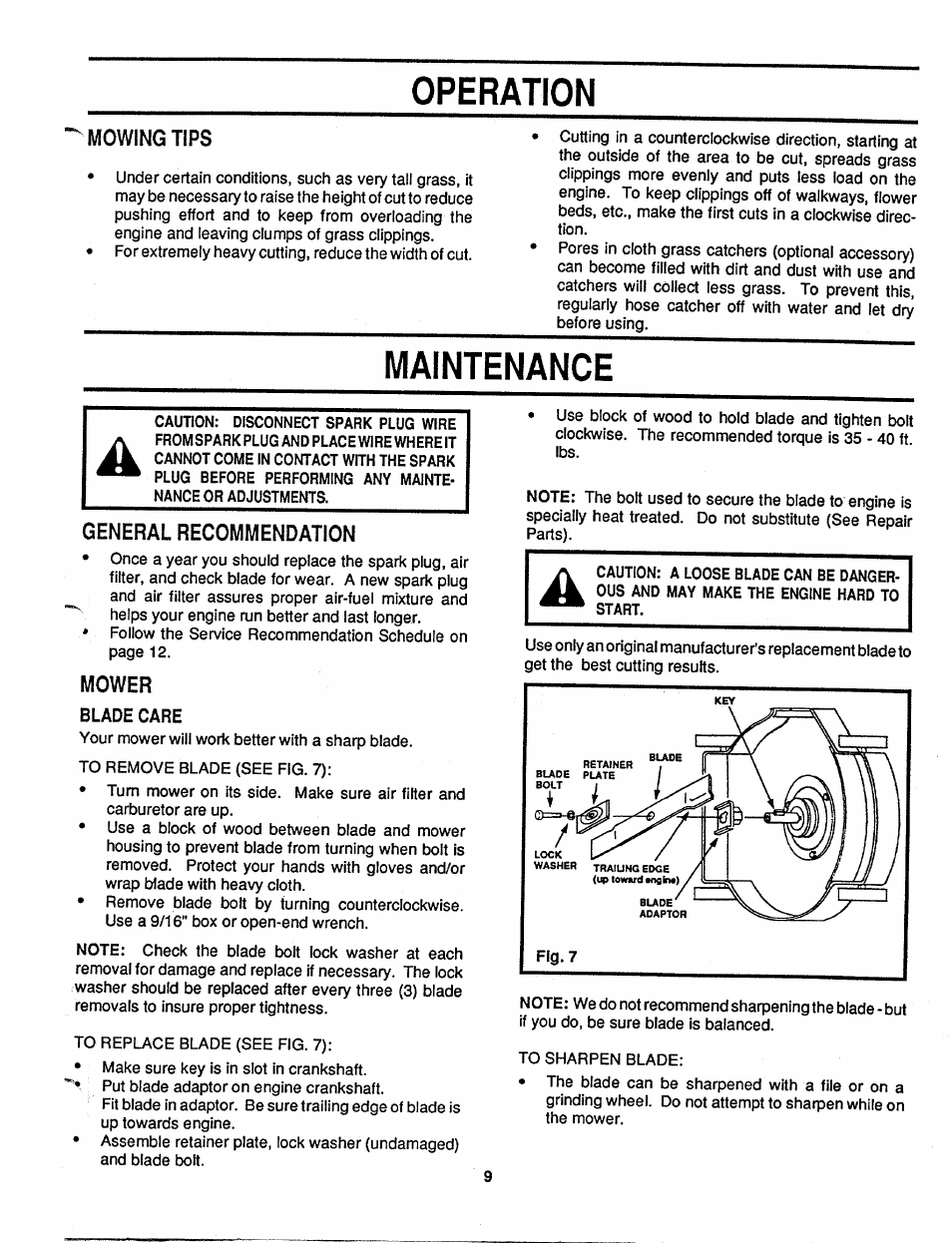 Mowing tips, Maintenance, General recommendation | Mower, Blade care, Operation | MTD 110-017R000 User Manual | Page 9 / 16