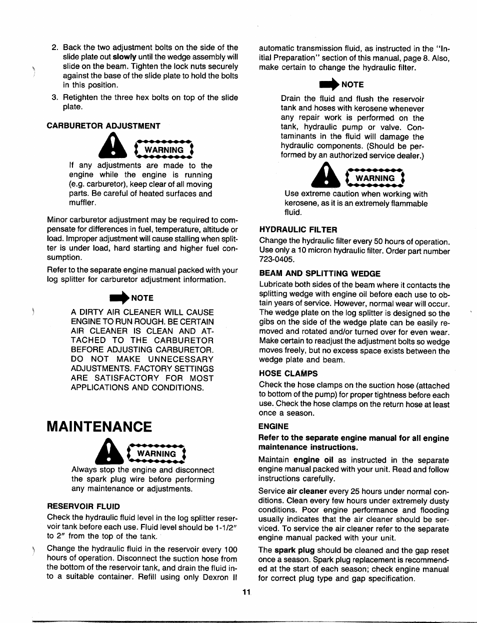 Carburetor adjustment, Note, Maintenance | Warning, Reservoir fluid, Hydraulic filter, Beam and splitting wedge, Hose clamps, Engine | MTD 249-620-003 User Manual | Page 11 / 20