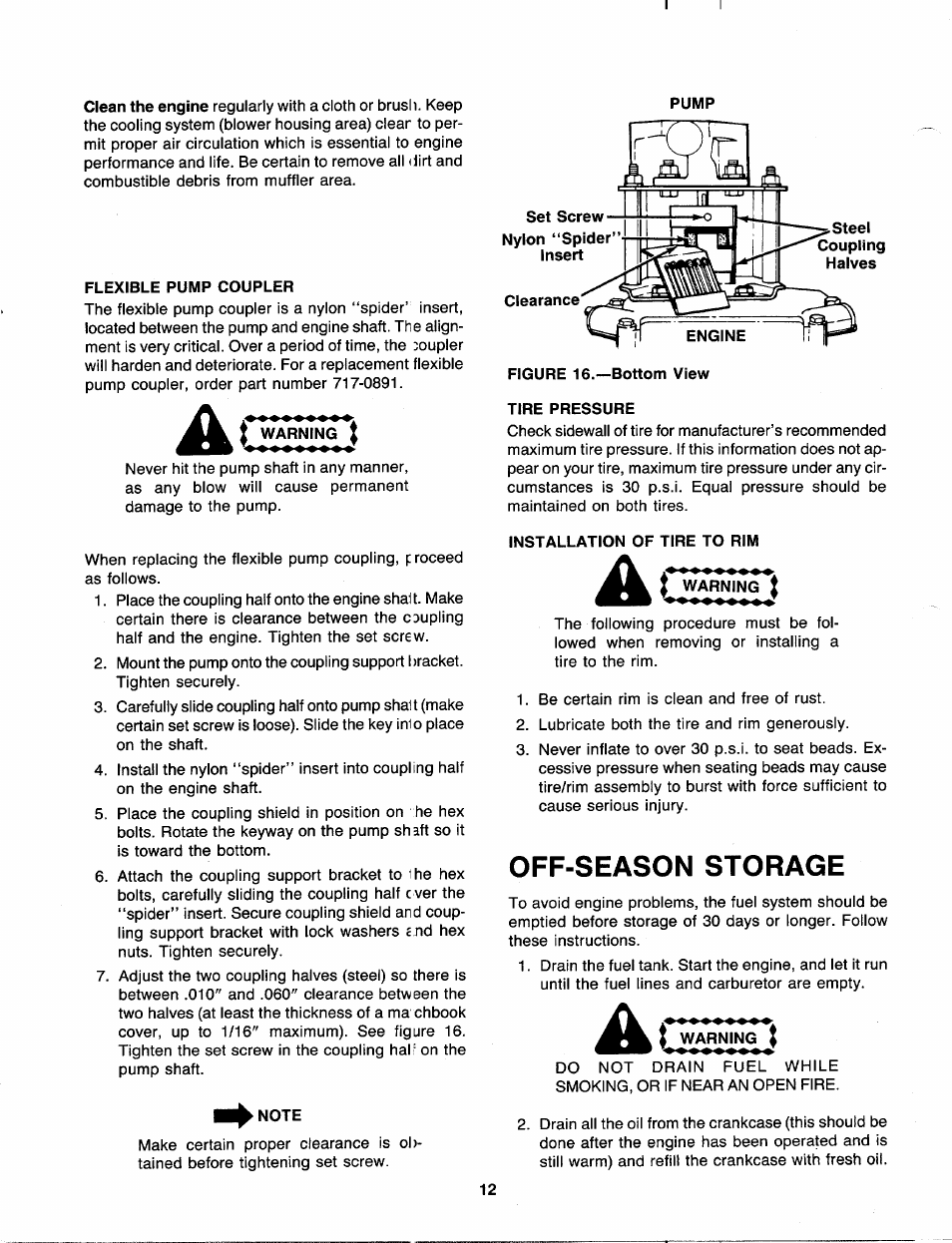 Flexible pump coupler, Note, Tire pressure | Installation of tire to rim, I warning, Off-season storage | MTD 249-620-003 User Manual | Page 12 / 20