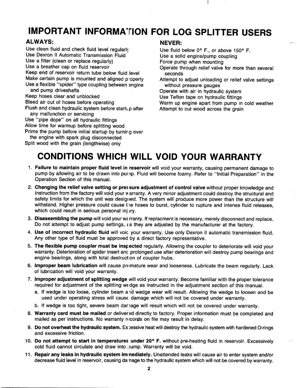 Important information for log splitter users, Conditions which will void your warranty, Always | Never | MTD 249-620-003 User Manual | Page 2 / 20
