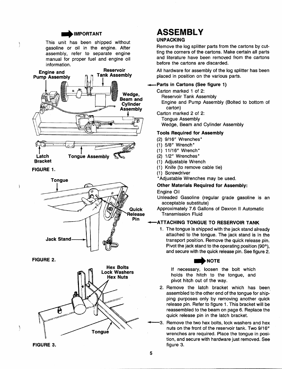 Important, Assembly, Unpacking | Attaching tongue to reservoir tank | MTD 249-620-003 User Manual | Page 5 / 20