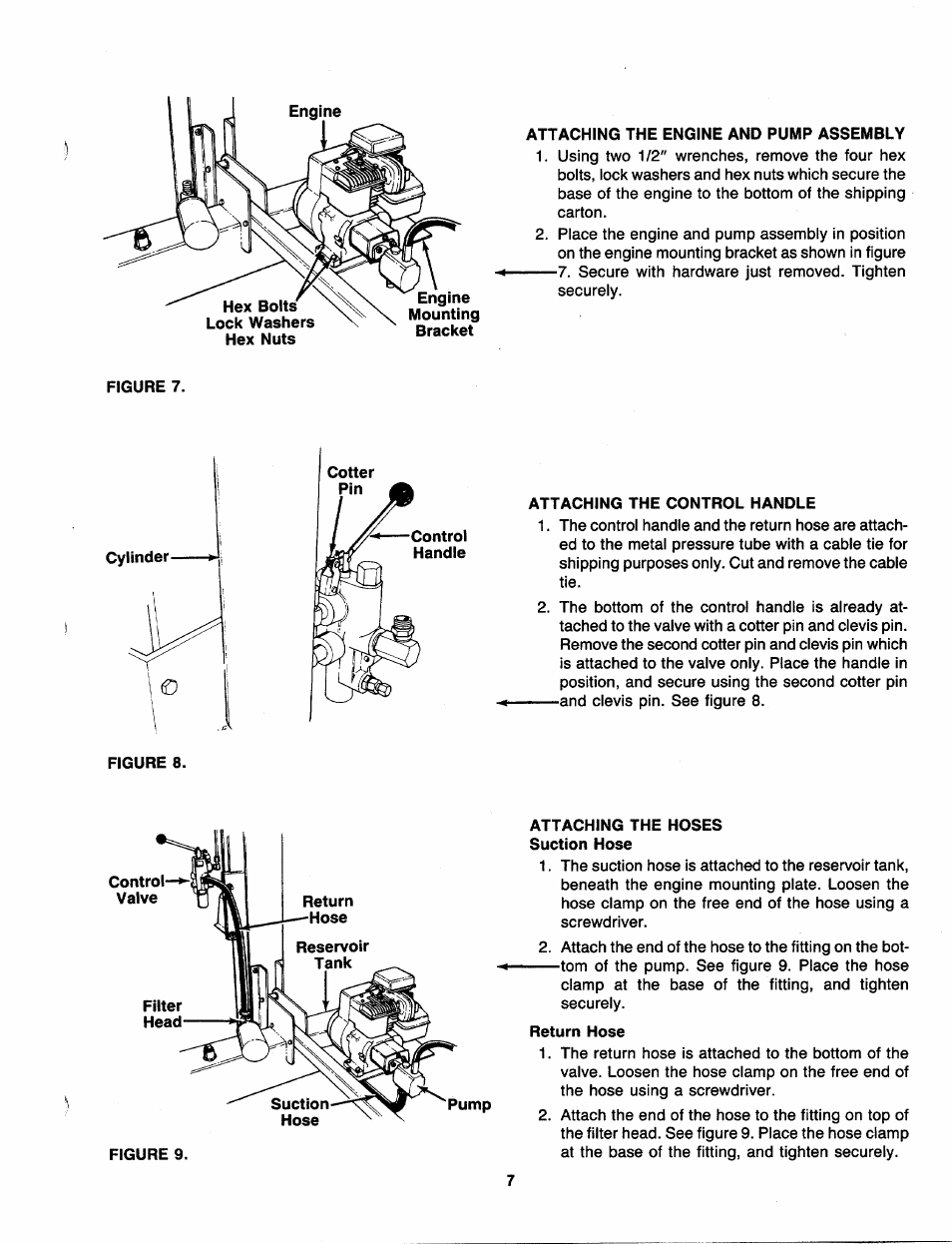 Attaching the engine and pump assembly, Attaching the control handle, Attaching the hoses suction hose | Return hose | MTD 249-620-003 User Manual | Page 7 / 20