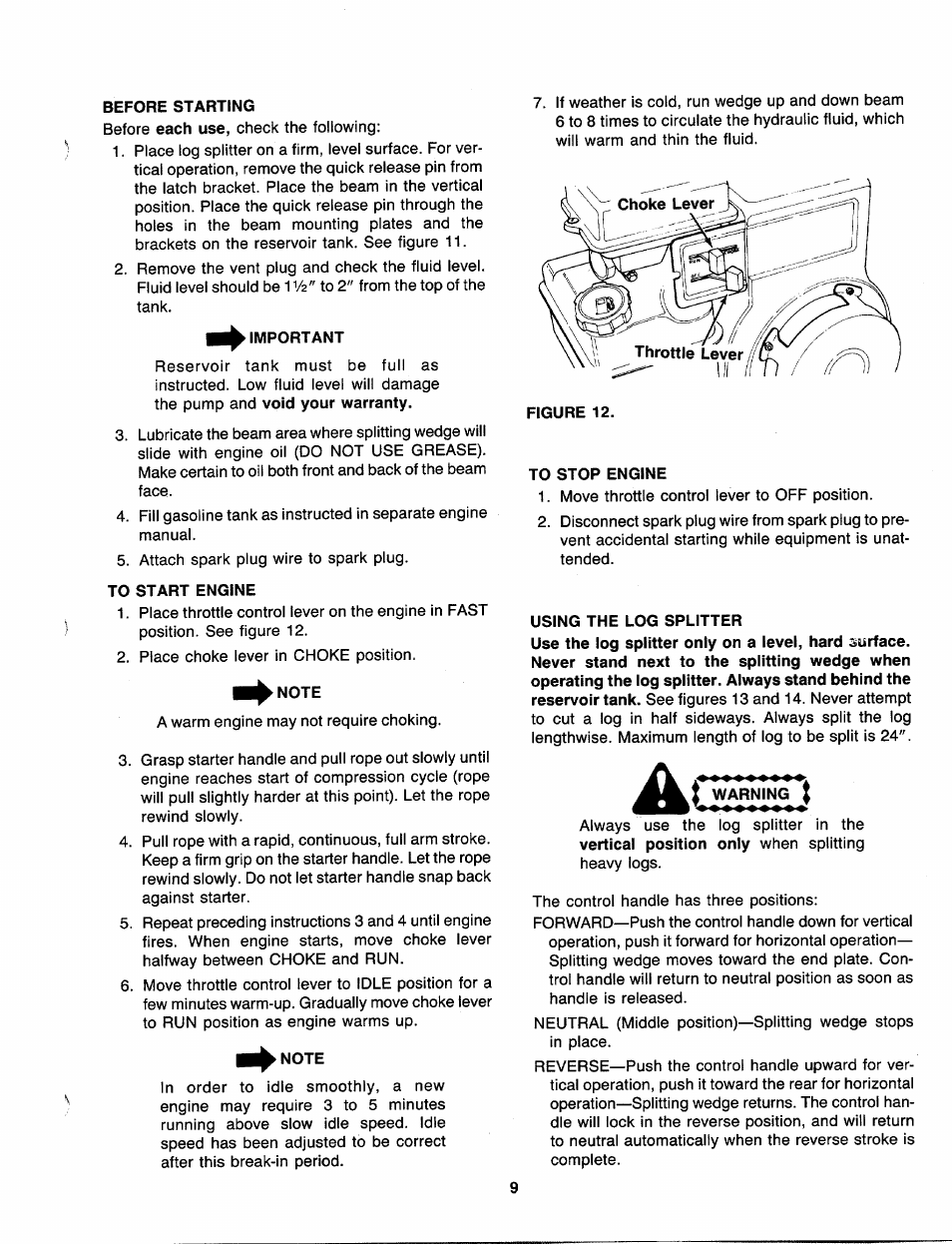 Before starting, Important, To start engine | Note, To stop engine | MTD 249-620-003 User Manual | Page 9 / 20