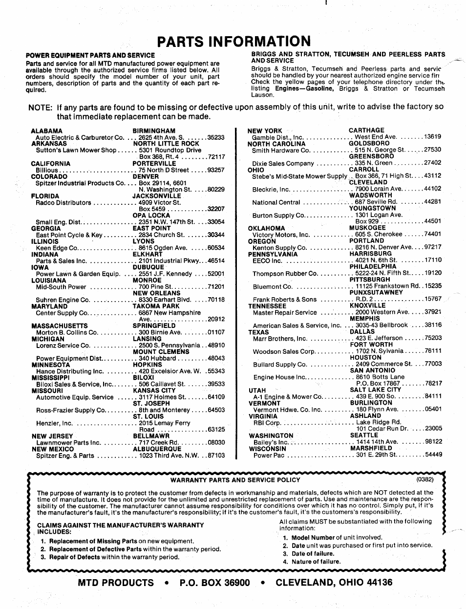 Parts information, Power equipment parts and service | MTD 24695U User Manual | Page 12 / 12