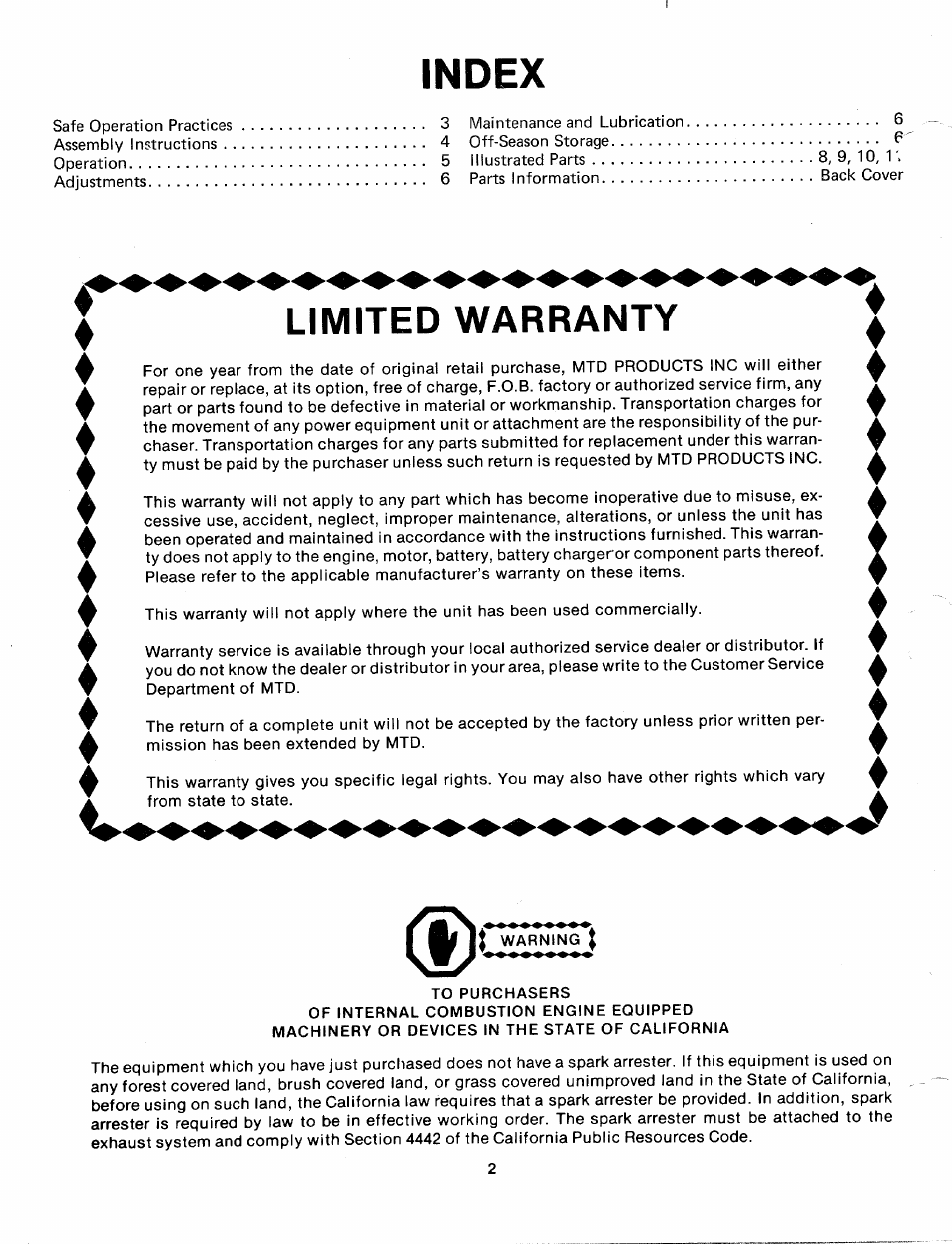 Limited warranty, Index, Vlimited warranty | MTD 24695U User Manual | Page 2 / 12