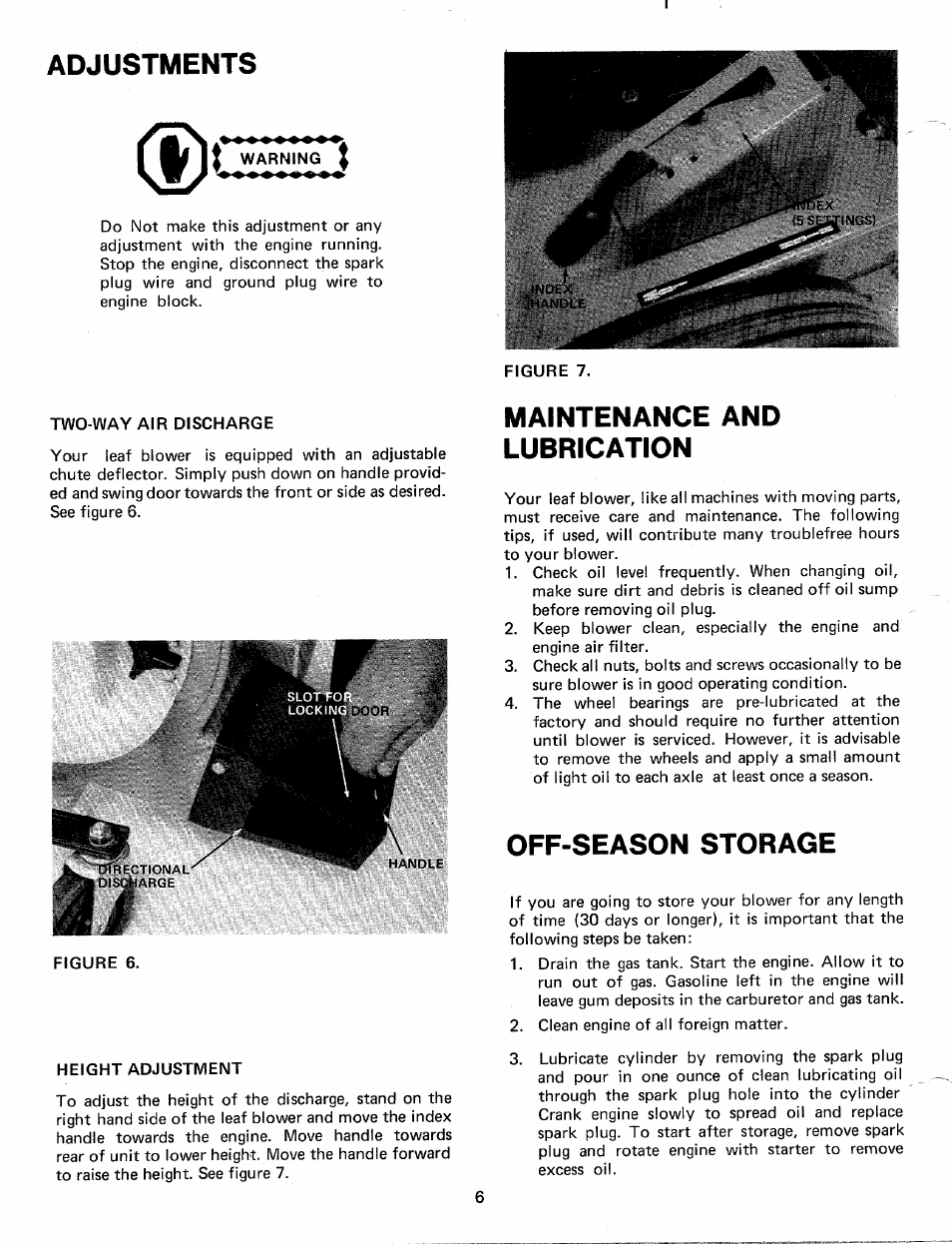 Adjustments, Maintenance and lubrication, Off-season storage | Adjustments t | MTD 24695U User Manual | Page 6 / 12