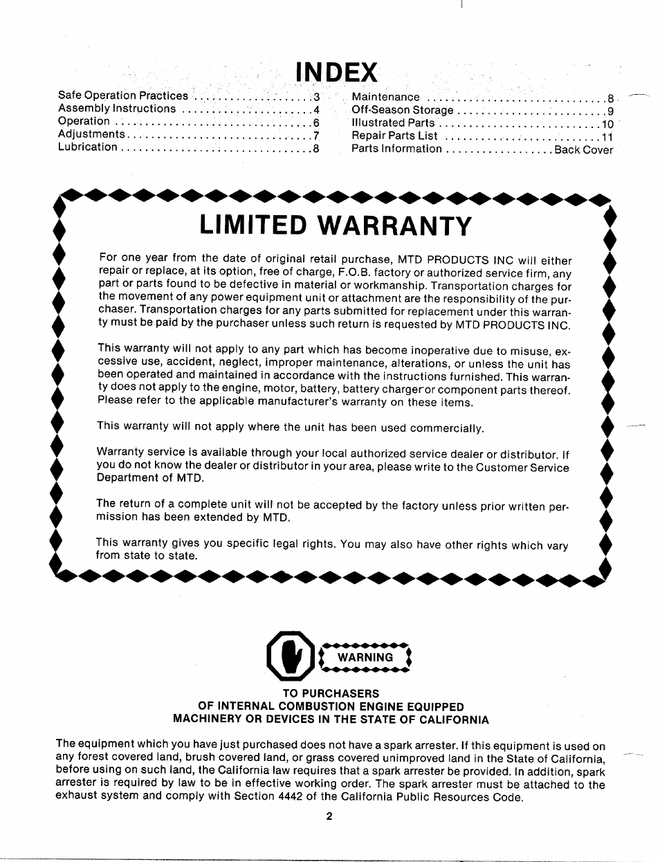 Index, Limited warranty, Warning | To purchasers | MTD 112-060A User Manual | Page 2 / 12