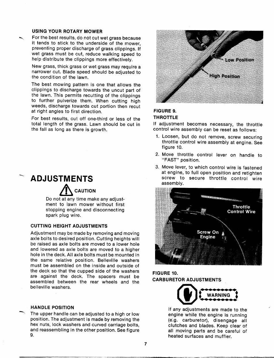 Using your rotary mower, Adjustments, Cutting height adjustments | Handle position, Throttle control wire, Screw on â \ engine m, Warning | MTD 112-060A User Manual | Page 7 / 12