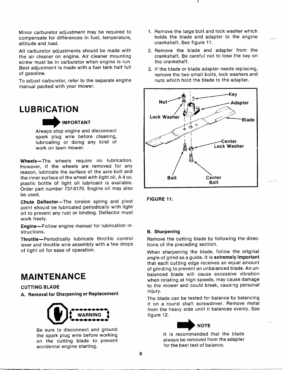 Lubrication, Maintenance, Cutting blade | B. sharpening, Note | MTD 112-060A User Manual | Page 8 / 12