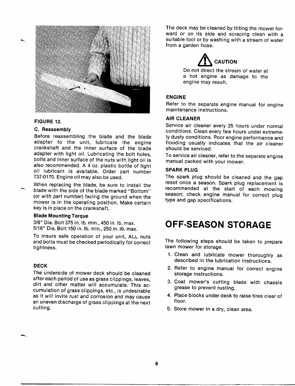 Figure 12, Deck, Engine | Air cleaner, Spark plug, Off-season storage | MTD 112-060A User Manual | Page 9 / 12