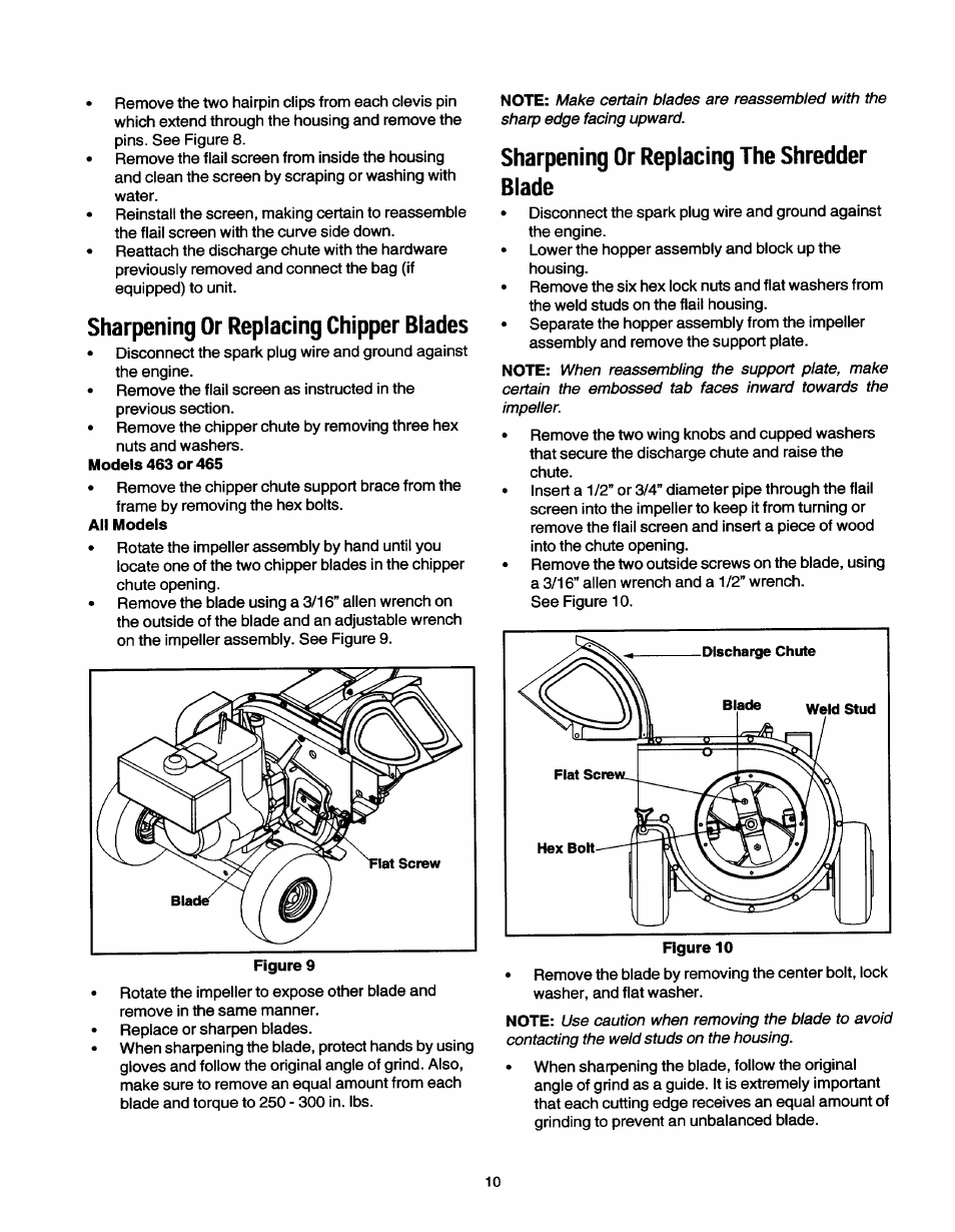 Sharpening or replacing chipper blades, Sharpening or replacing the shredder blade | MTD 465 User Manual | Page 10 / 14