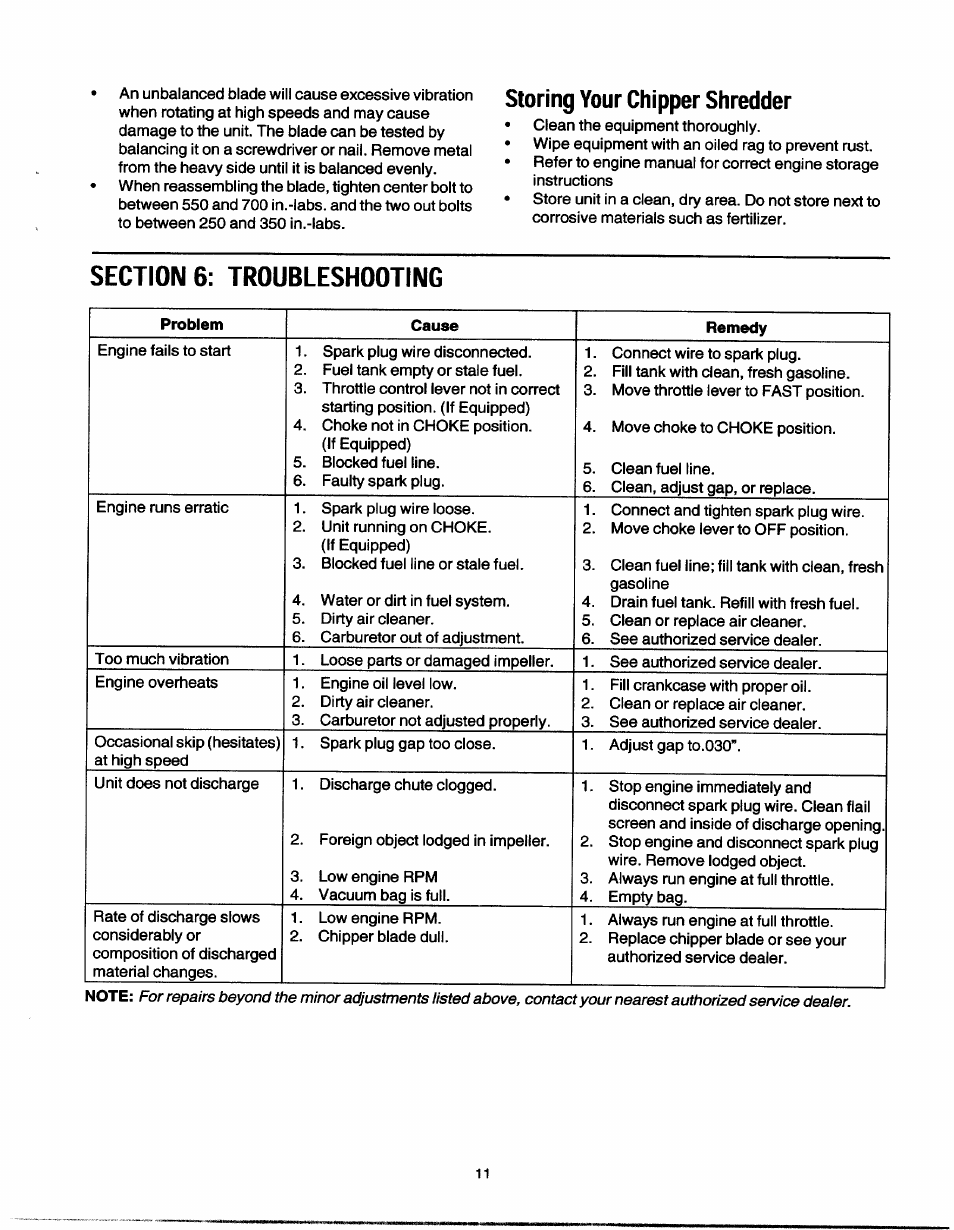 Storing your chipper shredder, Section 6: troubleshooting | MTD 465 User Manual | Page 11 / 14