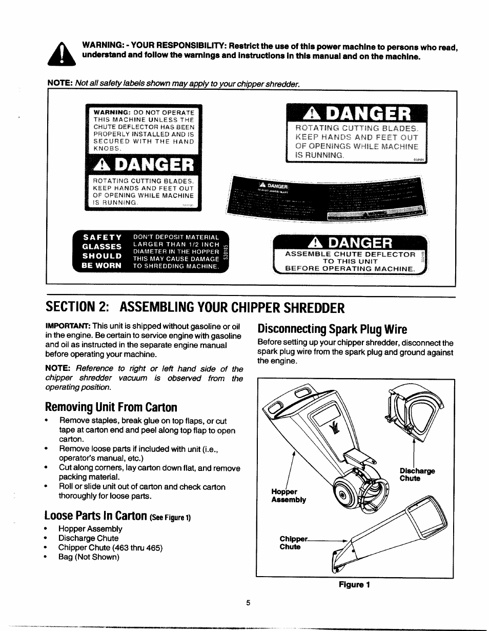 A dangiii, Danger, Section 2: assembling your chipper shredder | Removing unit from carton, Loose parts in carton (see figured, Disconnecting spark plug wire, Assembling your chipper shredder, Loose parts in carton (see figure | MTD 465 User Manual | Page 5 / 14