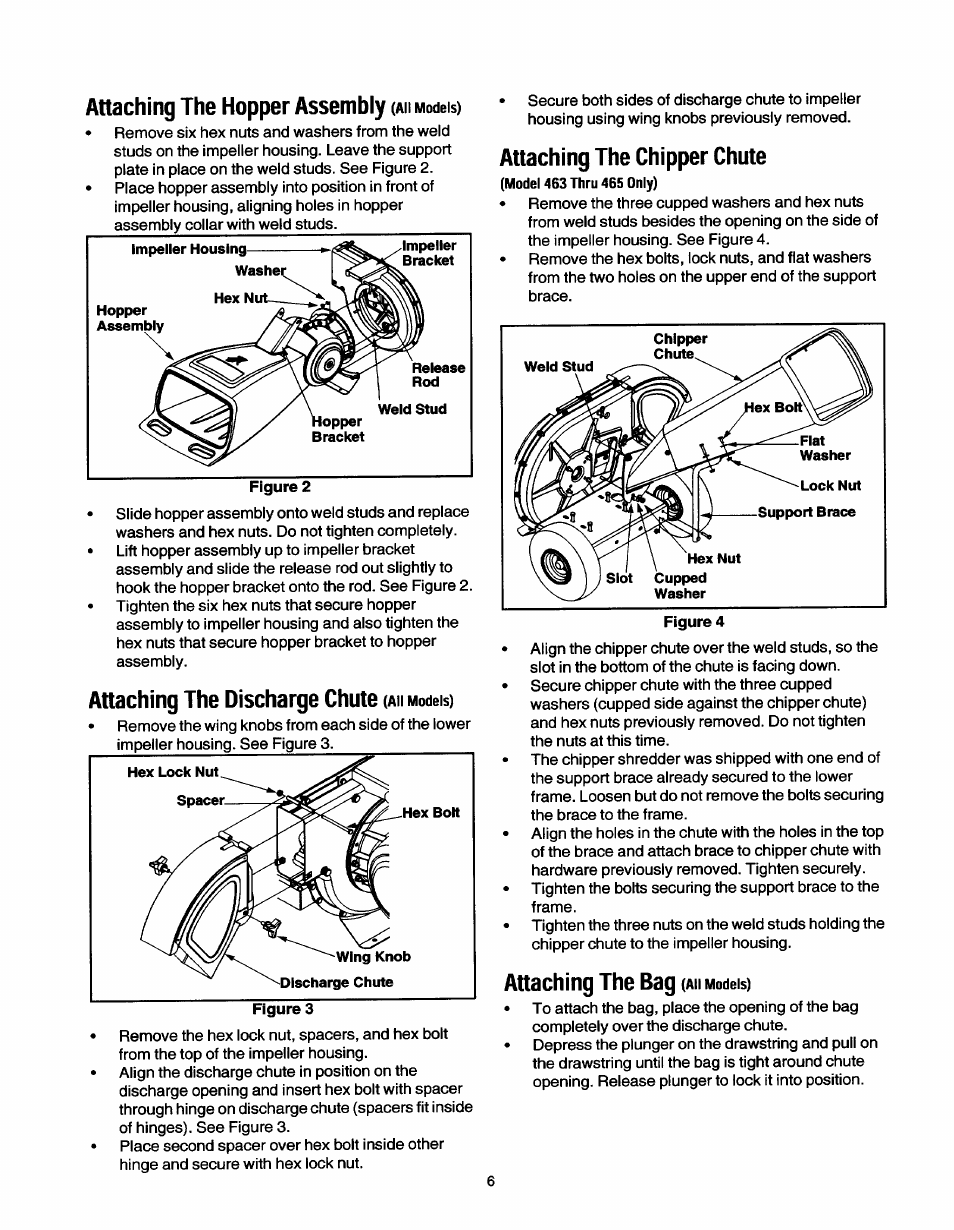 Anaching the hopper assembly (aii models), Attaching the discharge chute (ah models), Attaching the chipper chute | Attaching the bag (am models), Anaching the hopper assembly, Attaching the discharge chute, Attaching the bag | MTD 465 User Manual | Page 6 / 14