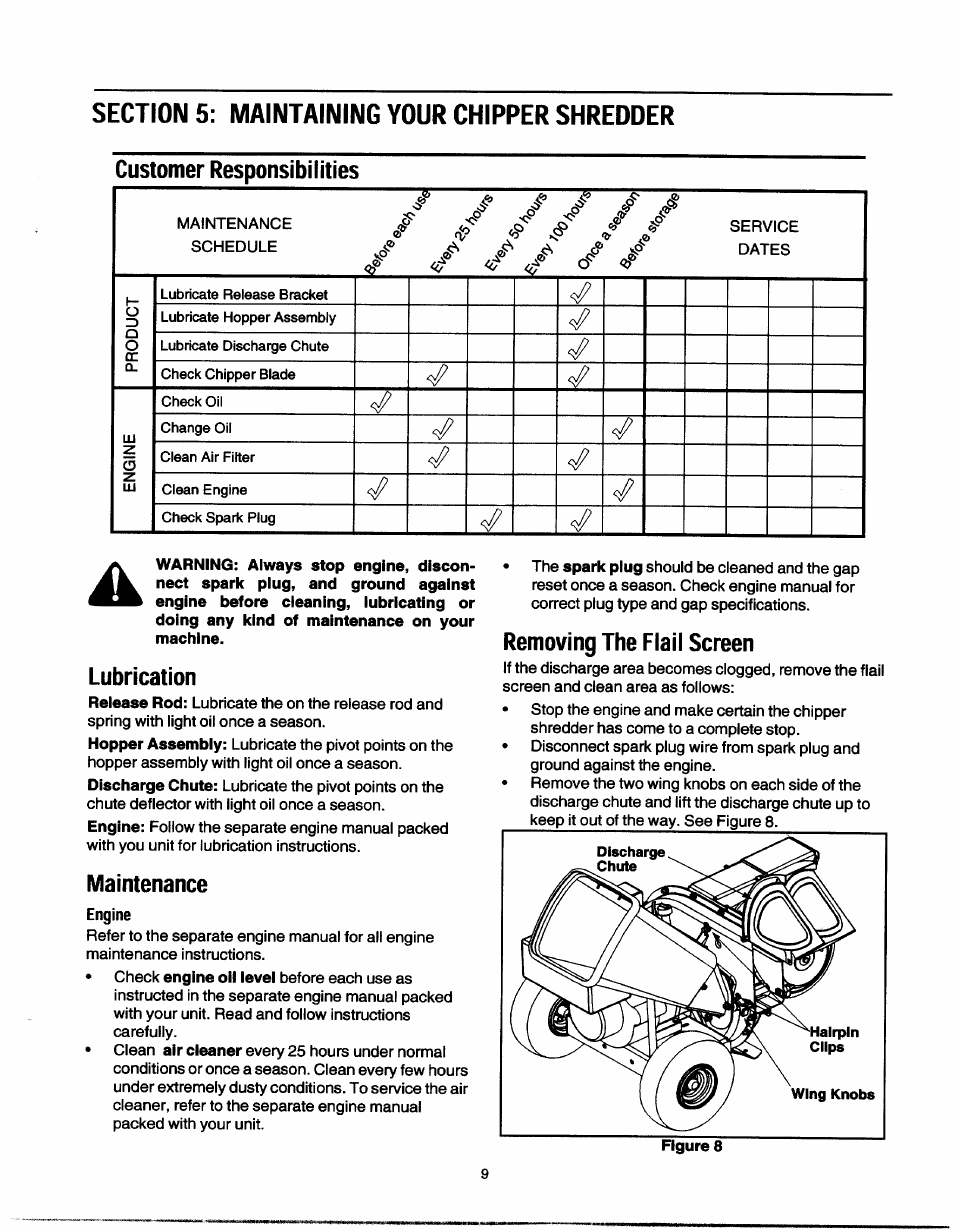 Section 5: maintaining your chipper shredder, Lubrication, Maintenance | Removing the flail screen, Maintaining your chipper shredder | MTD 465 User Manual | Page 9 / 14