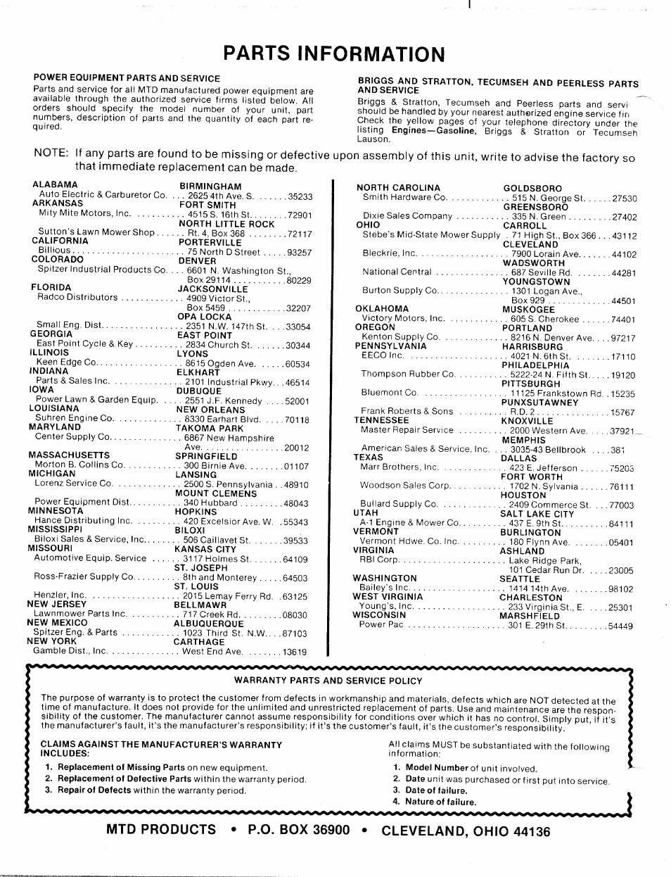 Parts information | MTD 112-162A User Manual | Page 12 / 12