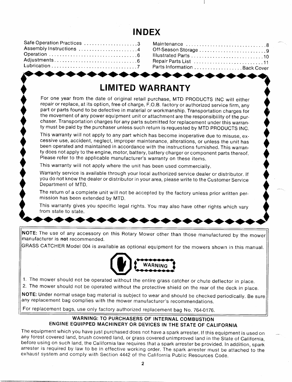 Index, Limited warranty | MTD 112-162A User Manual | Page 2 / 12