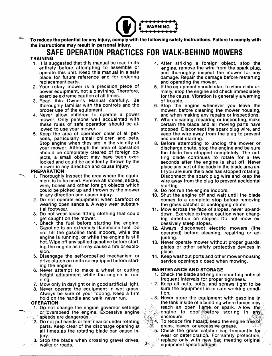 Safe operation practices for walk-behind mowers, Training, Maintenance and storage | MTD 112-162A User Manual | Page 3 / 12