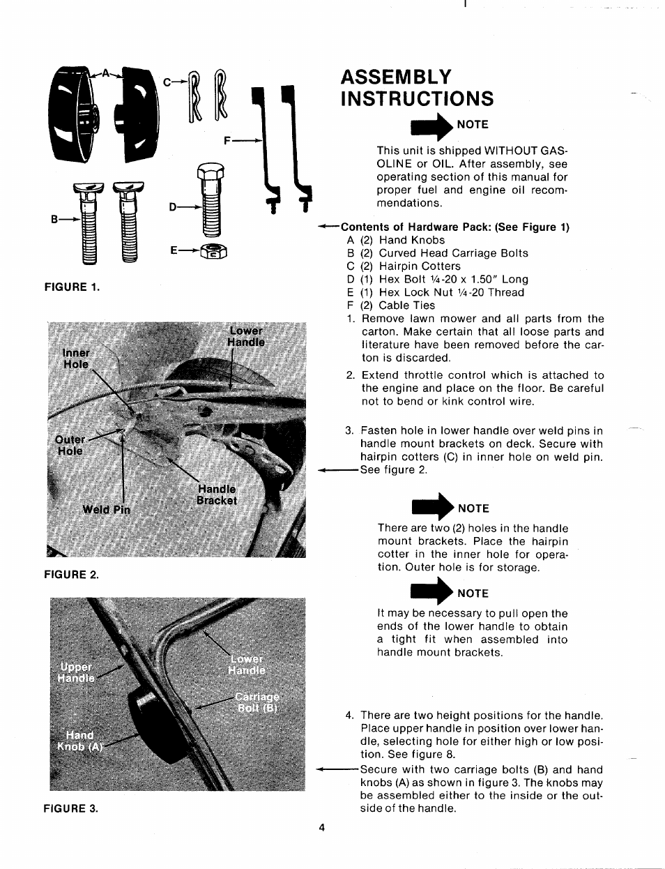 Assembly, Instructions, Contents of hardware pack: (see figure 1) | Note, Assembly instructions | MTD 112-162A User Manual | Page 4 / 12