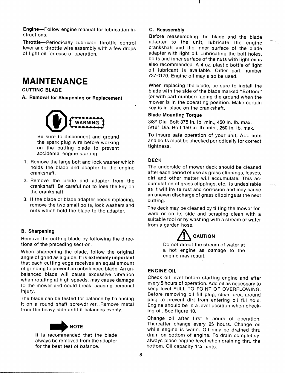 Maintenance, Cutting blade, Ivi^rning j | B. sharpening, Note, C. reassembly, Deck, Engine oil | MTD 112-162A User Manual | Page 8 / 12