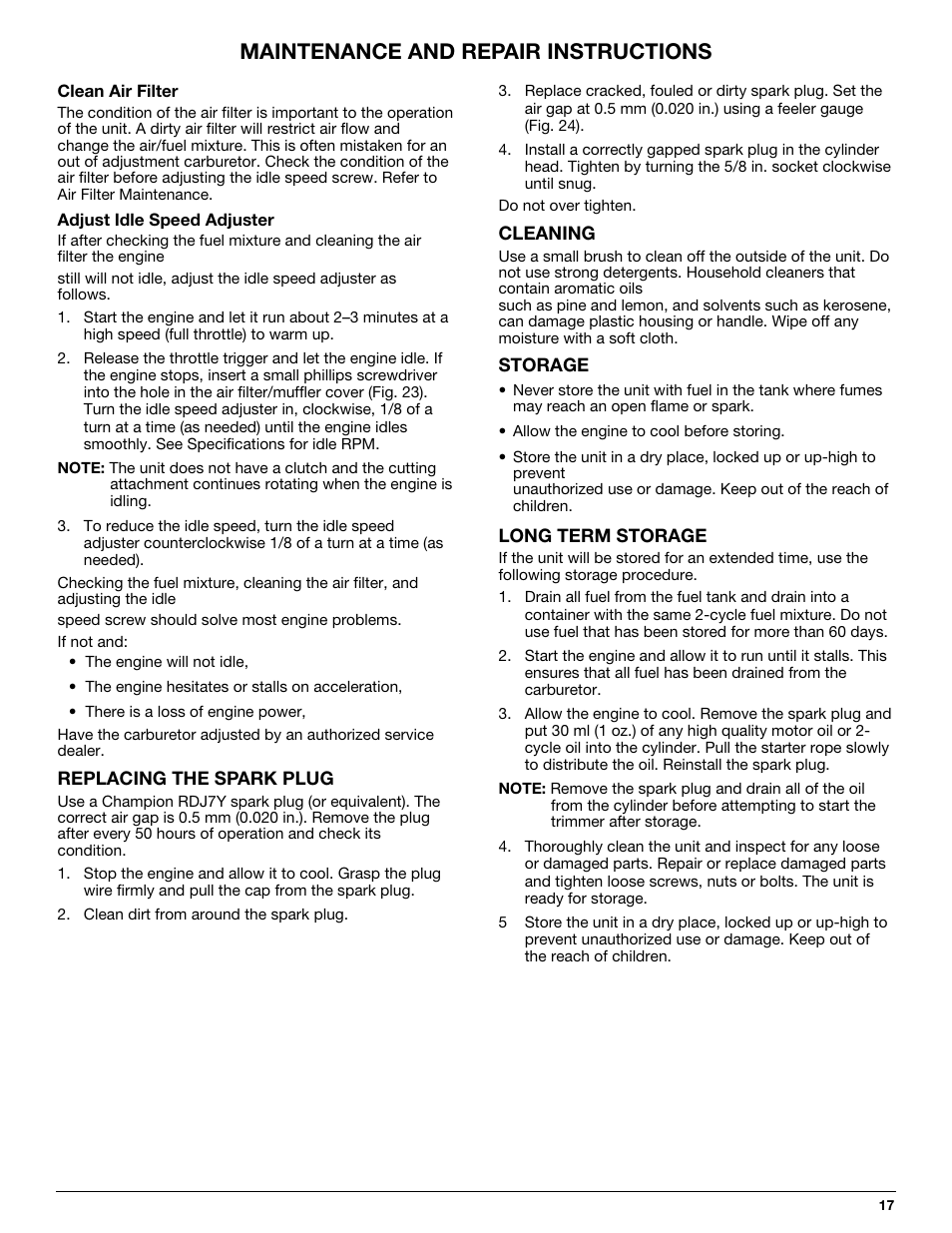 Maintenance and repair instructions | MTD 710 User Manual | Page 17 / 72