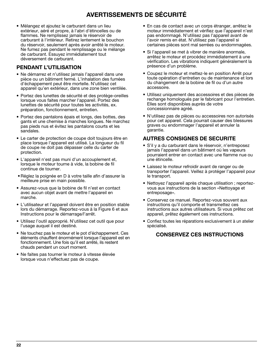 Avertissements de sécurité | MTD 710 User Manual | Page 22 / 72
