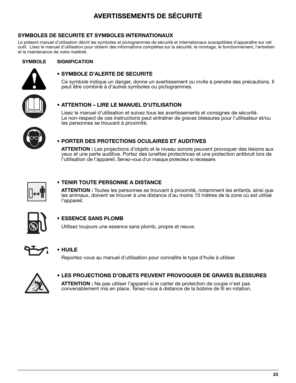 Avertissements de sécurité | MTD 710 User Manual | Page 23 / 72