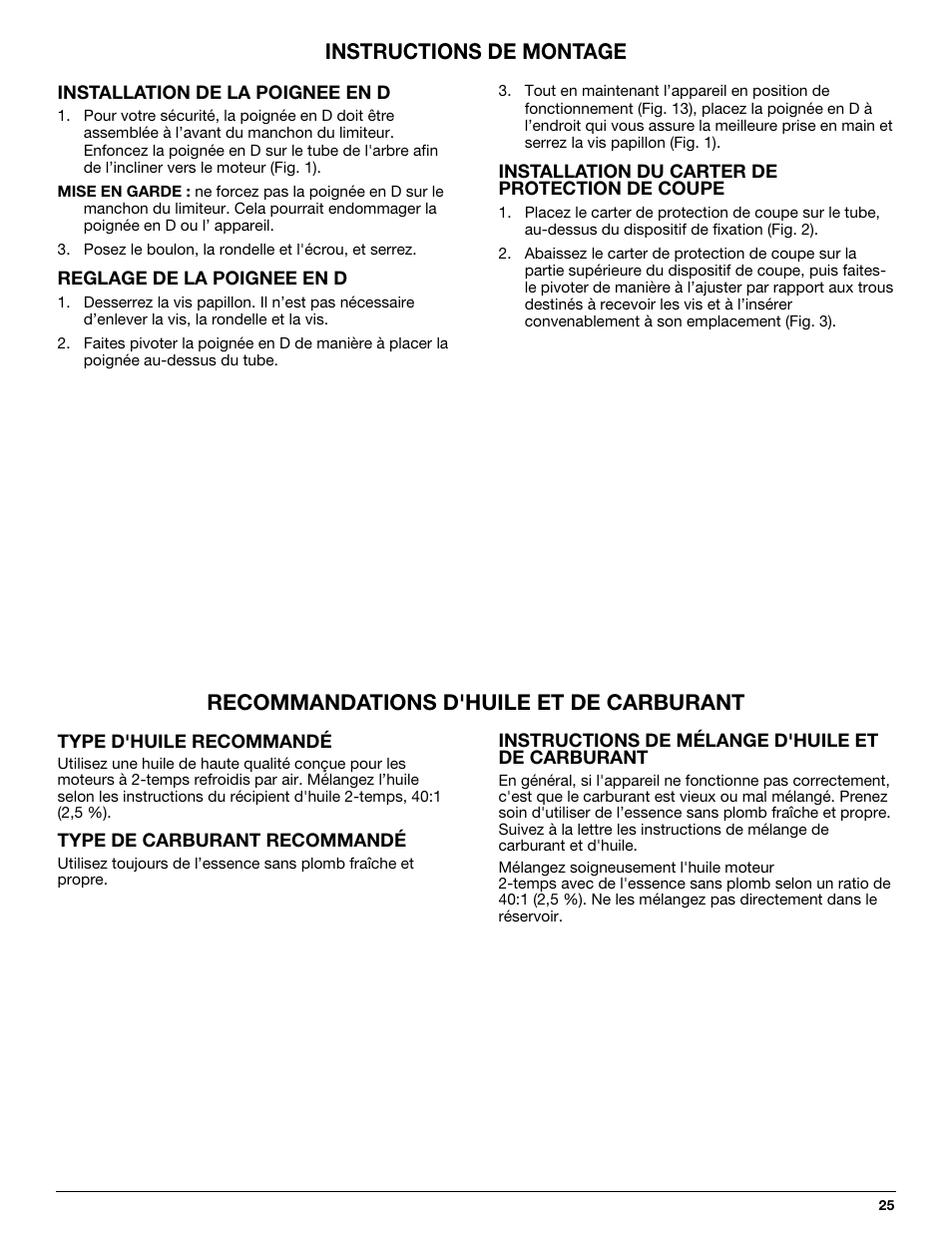 Instructions de montage, Recommandations d'huile et de carburant | MTD 710 User Manual | Page 25 / 72