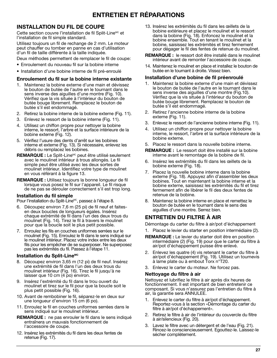 Entretien et réparations | MTD 710 User Manual | Page 27 / 72