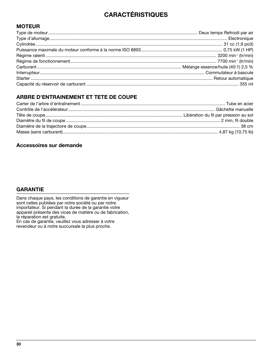 Caractéristiques | MTD 710 User Manual | Page 30 / 72