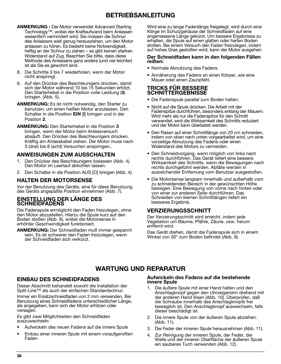 Betriebsanleitung, Wartung und reparatur | MTD 710 User Manual | Page 36 / 72