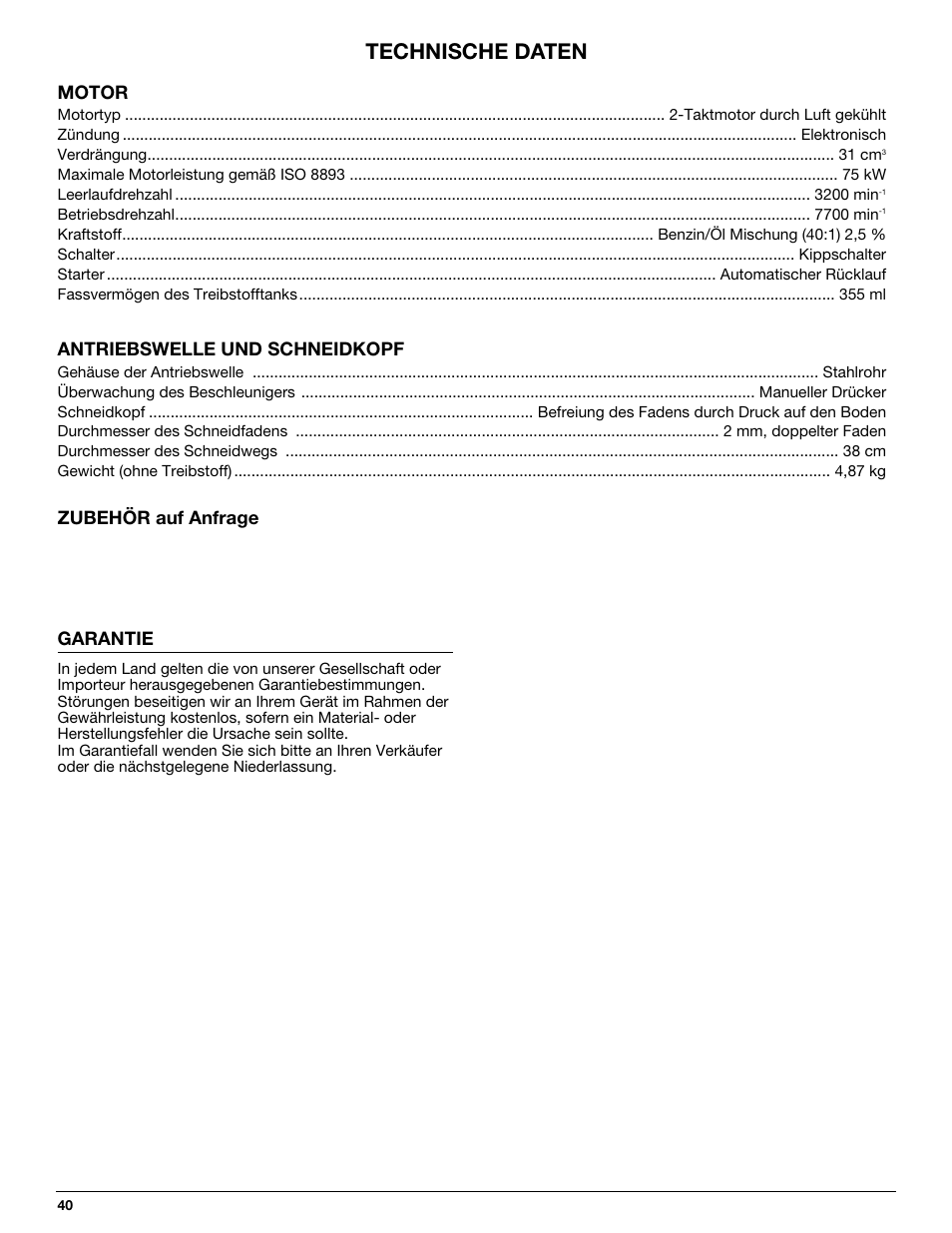 Technische daten, Garantie, Motor | Antriebswelle und schneidkopf, Zubehör auf anfrage | MTD 710 User Manual | Page 40 / 72