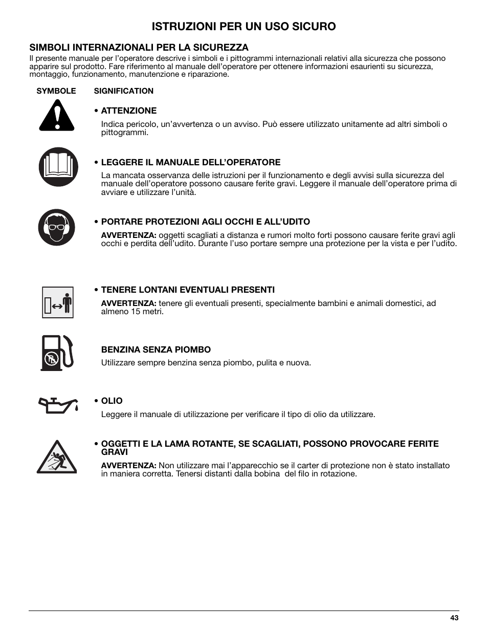 Istruzioni per un uso sicuro | MTD 710 User Manual | Page 43 / 72