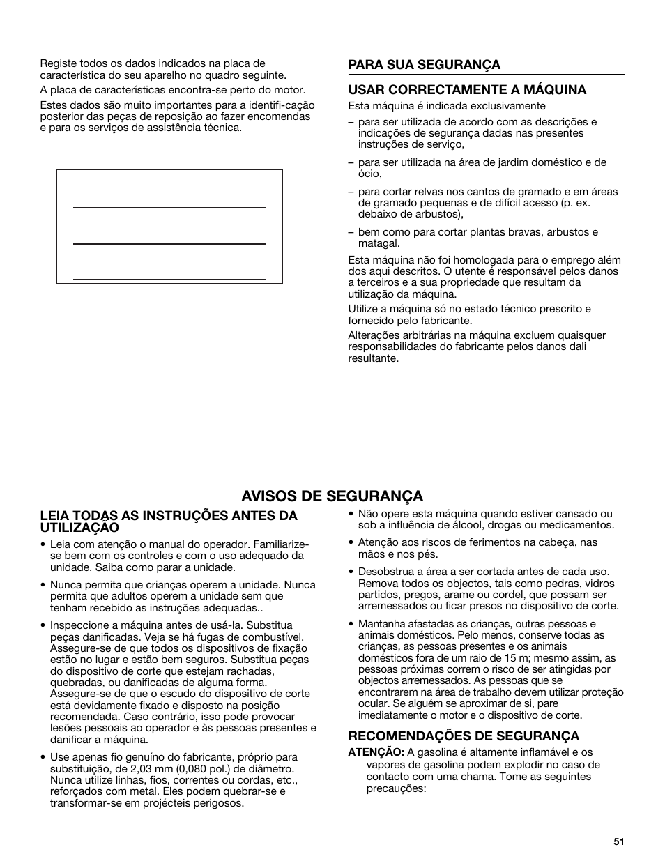 Avisos de segurança | MTD 710 User Manual | Page 51 / 72