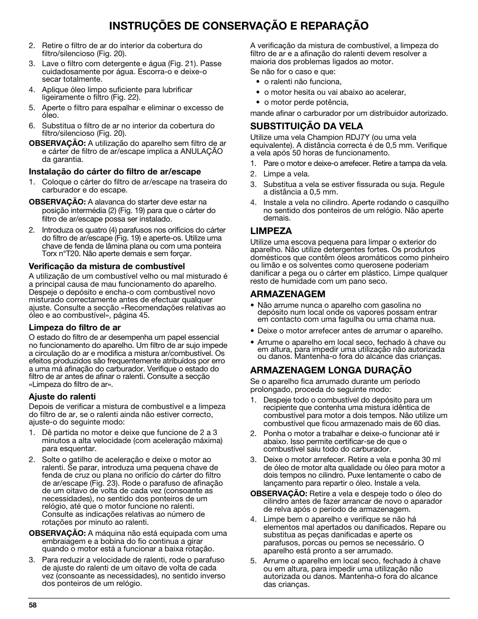 Instruções de conservação e reparação | MTD 710 User Manual | Page 58 / 72